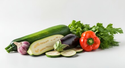 Zucchini, eggplant, garlic, red pepper and greens on white background.