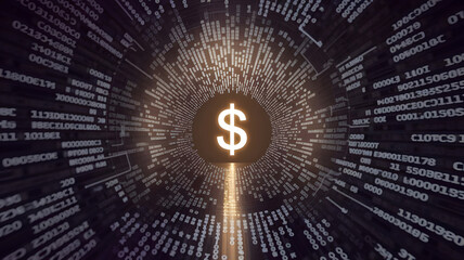 A tunnel made of digital codes and reports leading toward a glowing financial goal, representing the journey through data-driven business strategy. ( Business Concept )