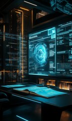 Futuristic office with glowing blue screens.