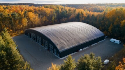 Autumnal Industrial Warehouse:  Aerial view of a modern, curved-roof warehouse nestled amidst a vibrant autumn forest. The image evokes a sense of tranquility and efficiency. 