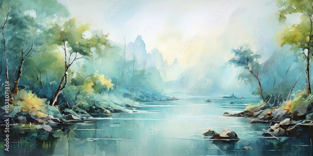 Poster a painting of a river with trees in the background