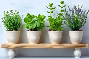 Fototapeta premium Herb Garden on Wooden Shelf: Fresh Culinary and Aromatic Plants for Home Decor