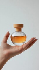 A Touch of Elegance: A delicate hand cradles a small, round glass bottle of amber liquid with a wooden cap, evoking a sense of luxury and sophistication.  