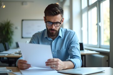 Obraz premium Young busy latin professional business man checking document working at laptop computer in office. Serious businessman accountant expert reading legal paper company file overview at workplace