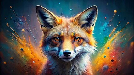 A fox with a soft, inquisitive gaze framed by a vibrant abstract burst of colors.