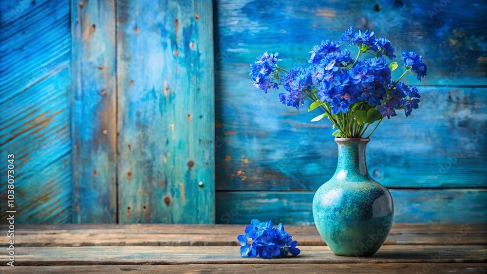 Sticker A vase of blue blossoms adorns a rustic wooden table with a faded blue backdrop.