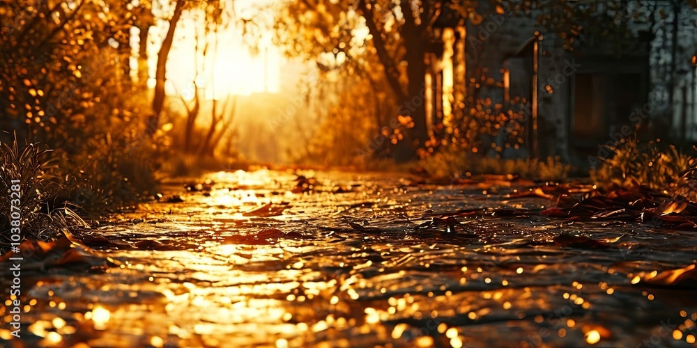 Poster a path in a forest with leaves on the ground and a sun shining on it