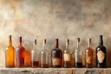 A row of vintage liquor bottles rests on a stone shelf, each with unique shapes and labels, showcasing various amber and dark liquids. The background features a softly textured wall, adding warmth to 
