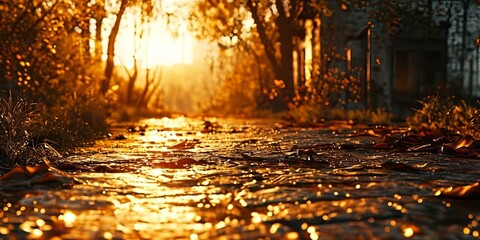 Fototapeta premium A path in a forest with leaves on the ground and a sun shining on it
