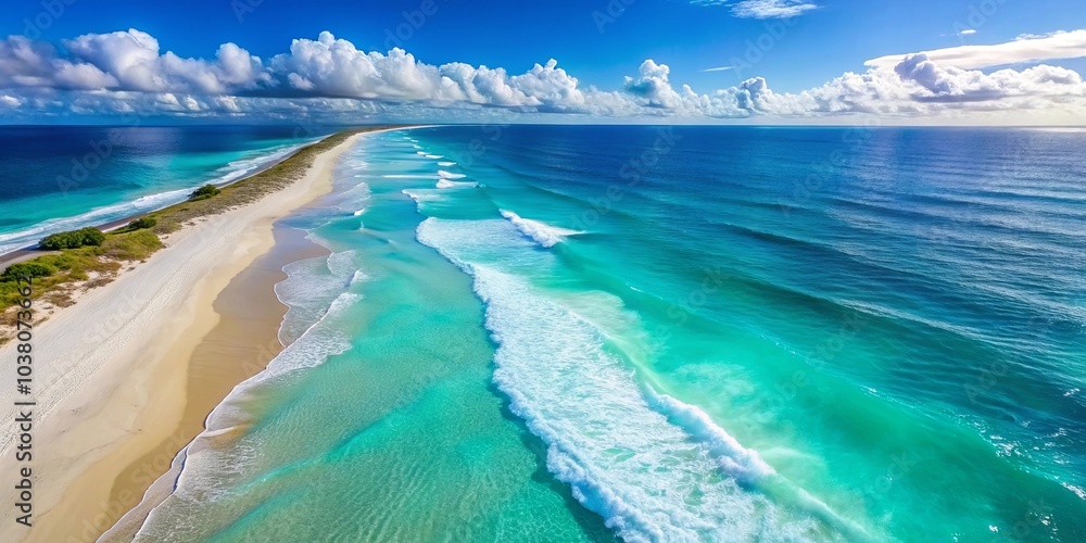 Poster Aerial View of a Coastal Shoreline with White Sand and Breaking Waves in a Turquoise Ocean