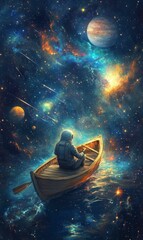 Astronaut rows boat in starry space.