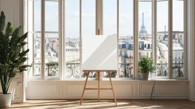A blank canvas awaits inspiration in a serene Parisian studio, framed by a panoramic city view through elegant windows. Natural light bathes the room.