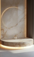 Marble podium with bottle and warm lighting.