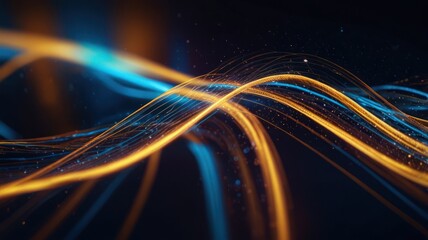 Abstract background with flowing lines of blue and gold light on a dark background.