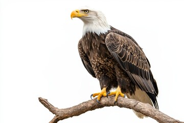 Obraz premium Proud eagle portrait perched on branch against white background in minimalist composition isolated
