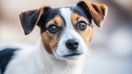 A close-up of a Jack Russell Terrier's face, showing its big brown eyes.