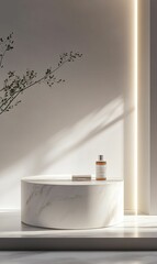 Fototapeta premium Minimalist product display with marble and light.