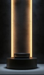 Black podium with yellow lights on a textured wall.