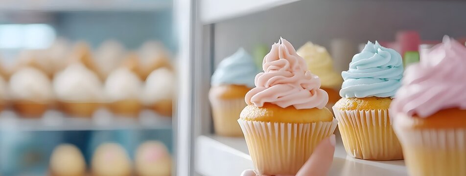 A hand holds a cupcake with pastel frosting, highlighted in a display of various cupcakes in the background.