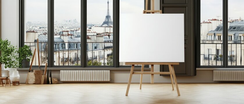 horizontal large blank canvas mockup on easel with artist studio exhibition background perfect for art related content and workshops.