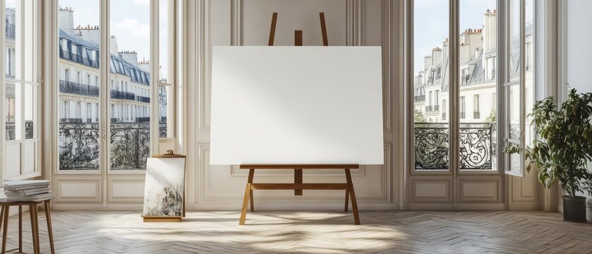 horizontal large blank canvas mockup on easel with artist studio exhibition background perfect for art related content and workshops.