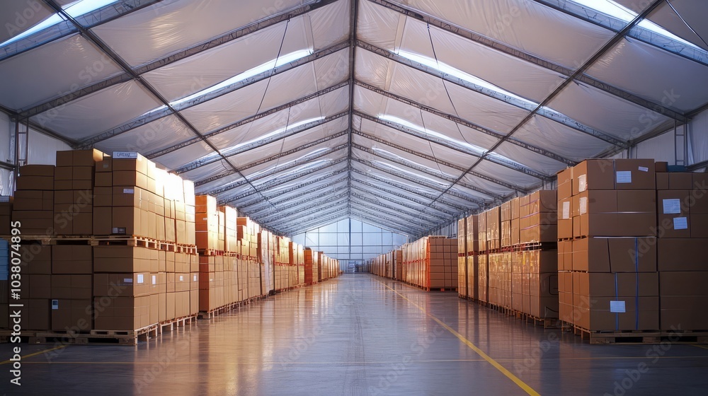 Poster warehouse inventory: rows of neatly stacked cardboard boxes fill a spacious warehouse, showcasing ef