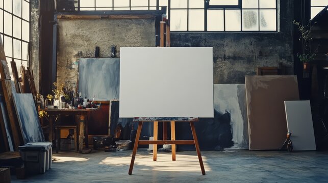 horizontal large blank canvas mockup on easel with artist studio exhibition background perfect for art related content and workshops.