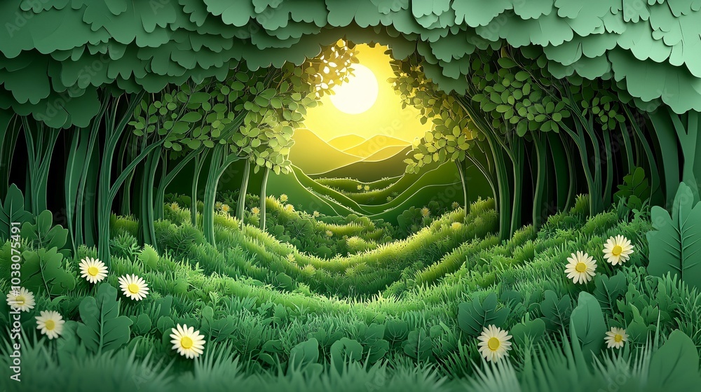 Wall mural paper-cut style illustration of a lush green forest scene, capturing the essence of natural landscap