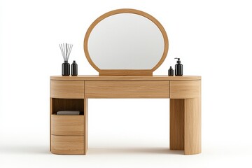 A minimalist wooden vanity table with a round mirror, featuring storage drawers and decorative items on top, ideal for modern interiors.