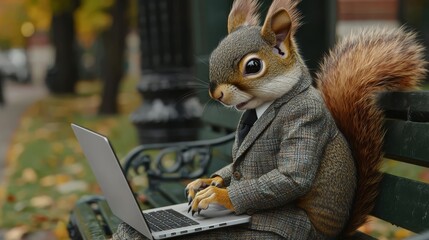 Fototapeta premium Curious Squirrel in Business Suit Working on Laptop. symbolizing adaptability and quick thinking in a dynamic business environment.