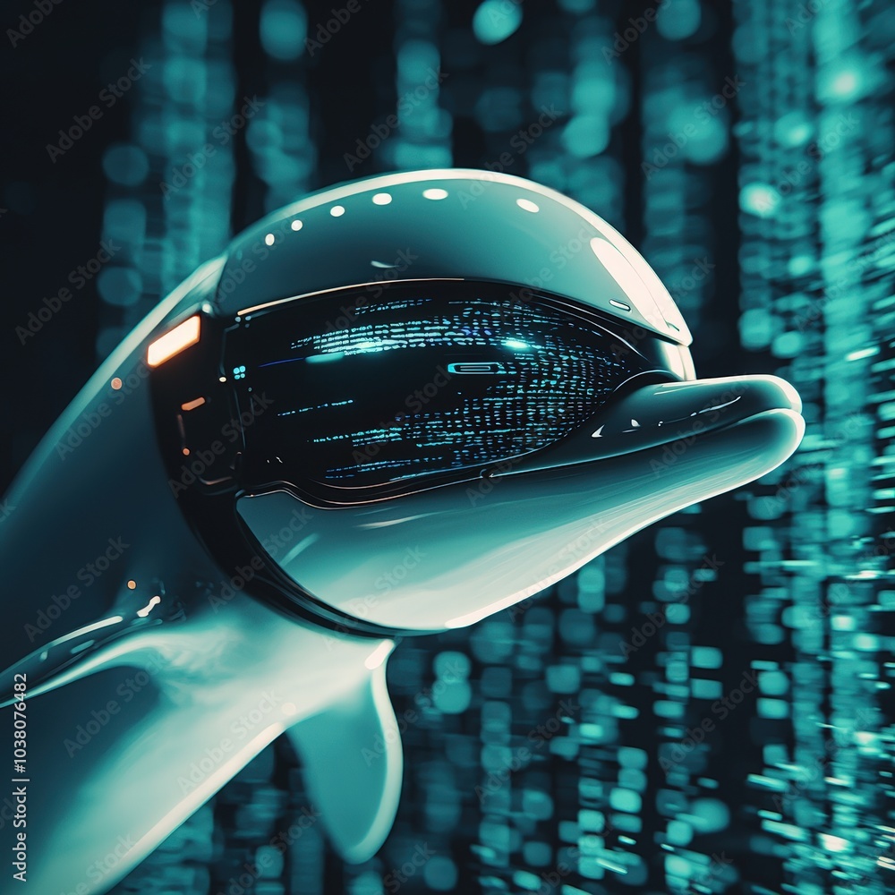 Poster a sleek robotic dolphin emerging from a digital landscape, surrounded by flowing data streams. this 