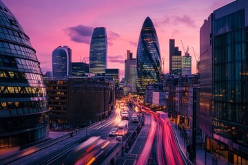 Naklejka premium A vibrant city skyline showcases modern architecture against a colorful twilight sky. The urban landscape reveals life and energy. Perfect for travel and lifestyle themes. Generative AI.