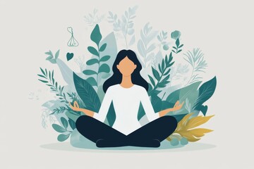 Minimalist illustration of employee practicing mindfulness in nature-inspired setting for relaxation and wellness