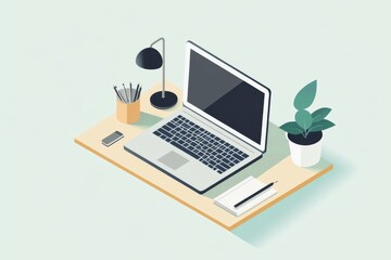 Minimalistic workspace with laptop, plant, and office supplies in pastel colors