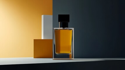 A captivating perfume bottle, bathed in warm light, rests on a minimalist stage of muted tones.  The amber liquid hints at an unforgettable scent. 