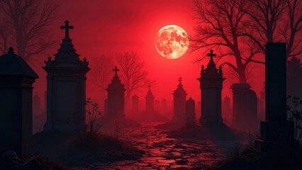 Fototapeta premium Eerie Graveyard Under a Blood Moon