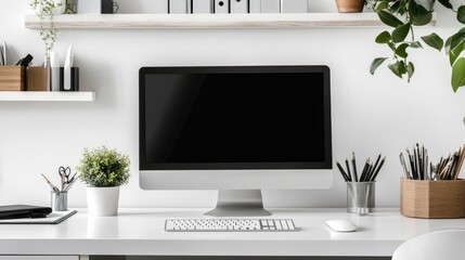 A professional office desk setup with a desktop computer, wireless keyboard, organized office supplies, and clean, modern decor with a minimalist touch.