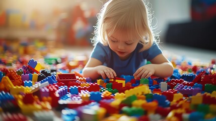 A young boy is playing with colorful building blocks on the floor.