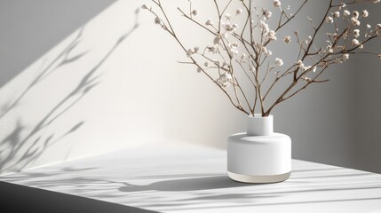 Minimalist White Vase with Dried Flowers: A simple white vase filled with dried white flowers sits on a white marble surface, bathed in soft sunlight, creating a clean and minimalist aesthetic.  