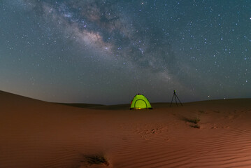 Night Stars milky way desert camping in lonely oasis