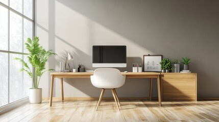 A spacious, modern office with a sleek desk setup featuring a desktop computer, wireless tech, organized office supplies, and chic, minimalist decor.