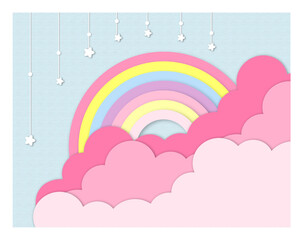 Pink clouds with colorful rainbow paper cut out style illustration