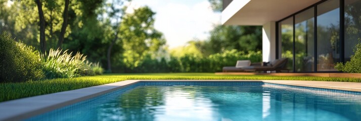 Fototapeta premium A serene sunset view over a tranquil swimming pool in a beautiful garden