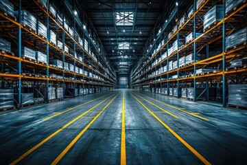 Fototapeta premium A spacious industrial warehouse with tall shelves filled with stacked goods, illuminated by overhead lights.