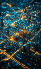 A nighttime aerial view of a city lit with warm