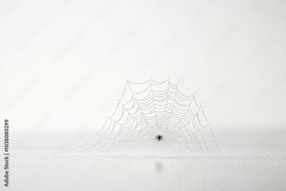 Wall mural spider in center of web with dew drops on white background