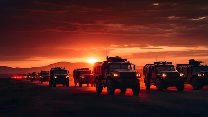 Military Convoy Traverses Rugged Terrain at Sunset Under Dramatic Cloud Formations