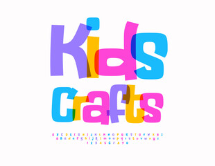Vector playful logo Kids Crafts. Playful Colorful Font. Funny Bright Alphabet Letters and Numbers set.