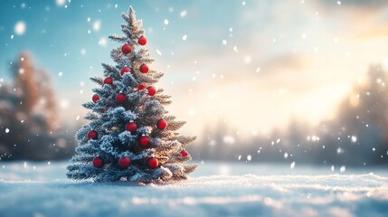 Festive winter scene with snowy decorations and pine cones under soft falling snow