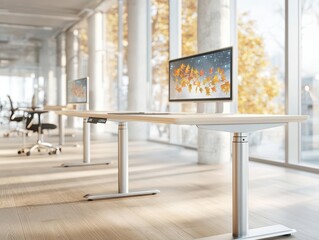 Modern office workspace with adjustable desks and computer monitors.
